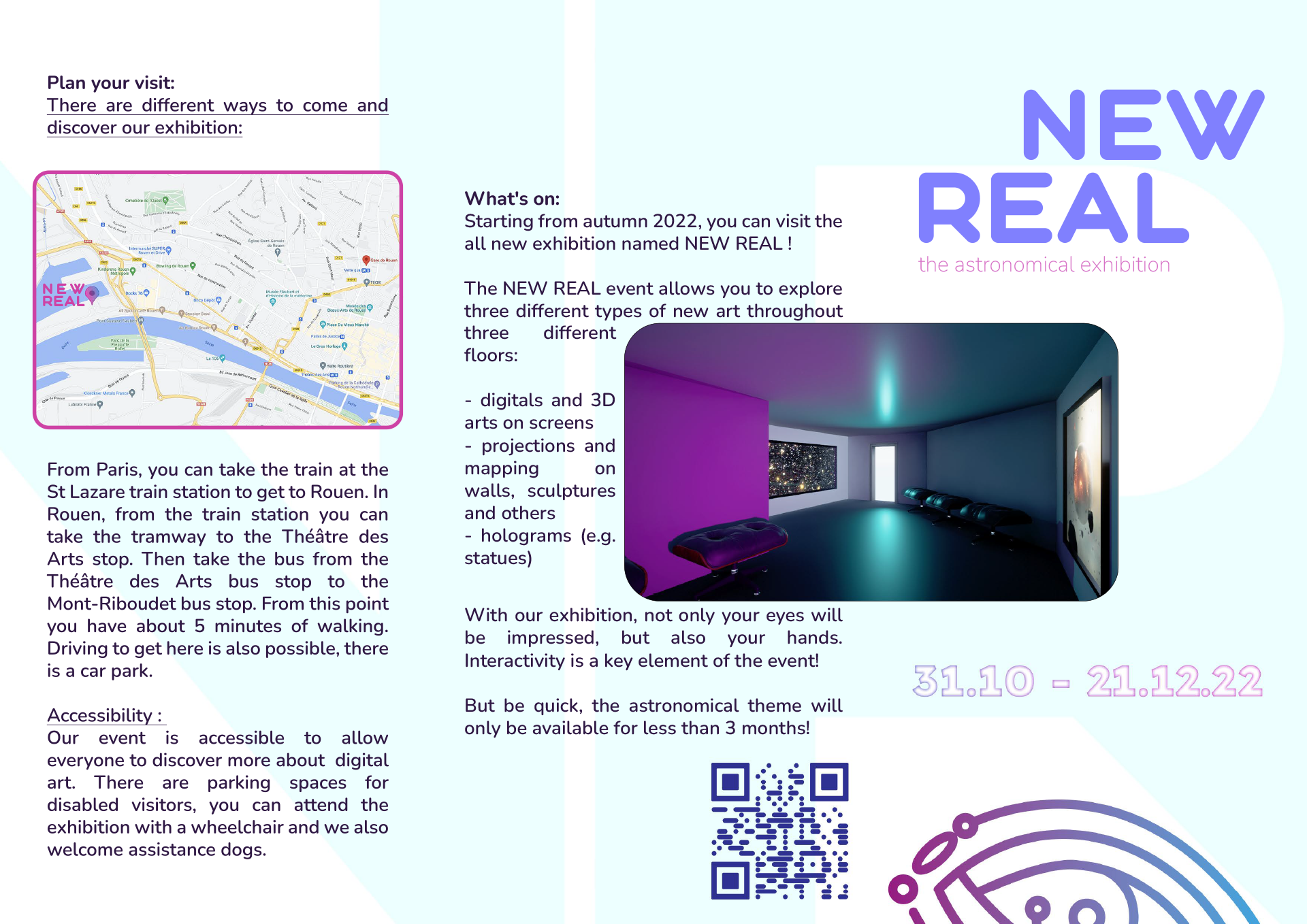 Première page du flyer. Celui-ci contient du texte en anglais et des images dont un plan de la ville de Rouen pour se rendre à l'événement