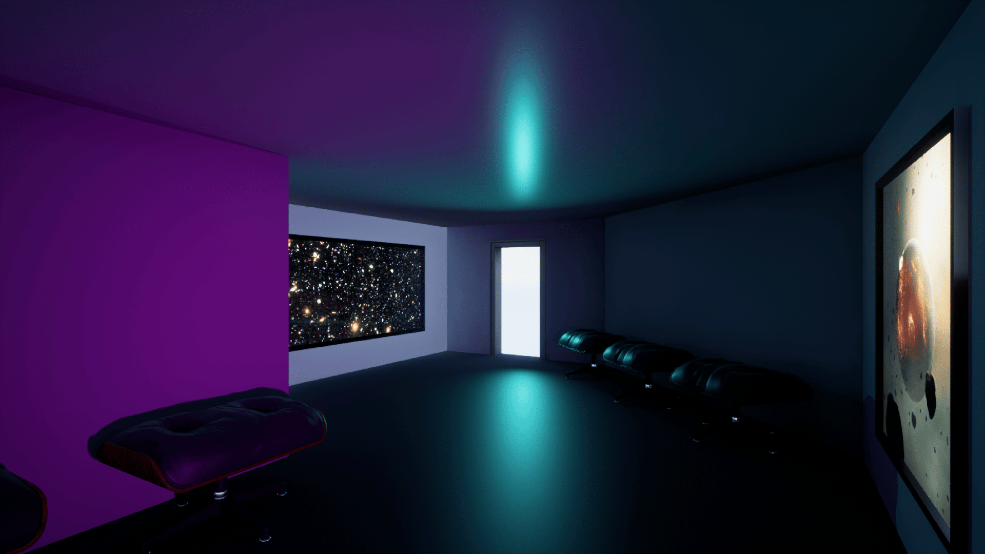 Modélisation 3D d'une des salles du premier étage réalisée sur Unreal Engine 5. La photo montre la même salle sous un angle différent