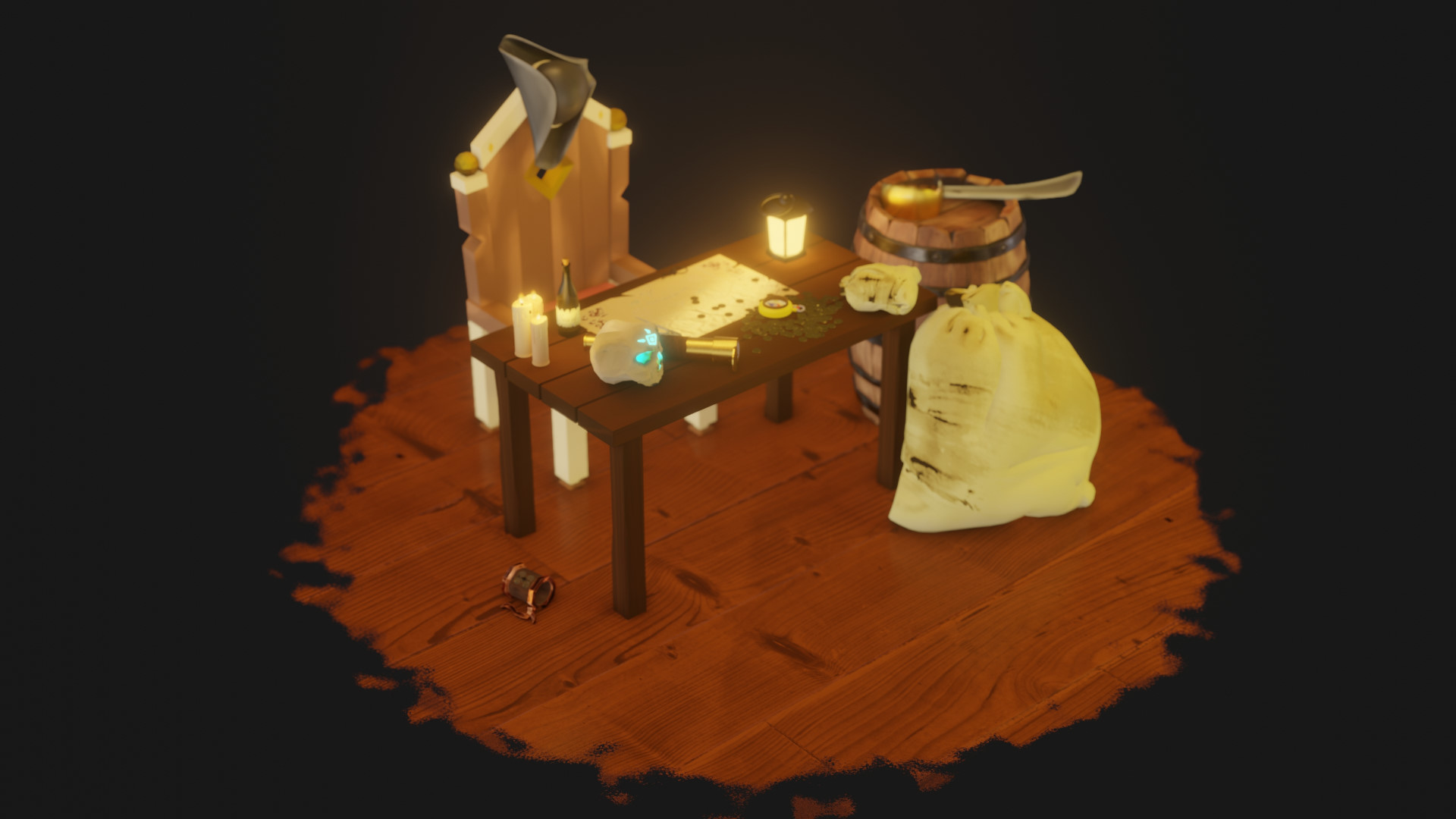 Une scène en 3D modélisée sur Blender. La scène représente la cale d'un bateau pirate dans lequel se trouve un bureau, une chaise, un tricone, une longue-vue et d'autres éléments se rapportant aux pirates.